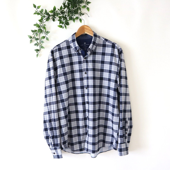 Society Of Threads No Iron Long Sleeve Dark Blue Plaid Button Shirt Size Medium - Picture 1 of 4